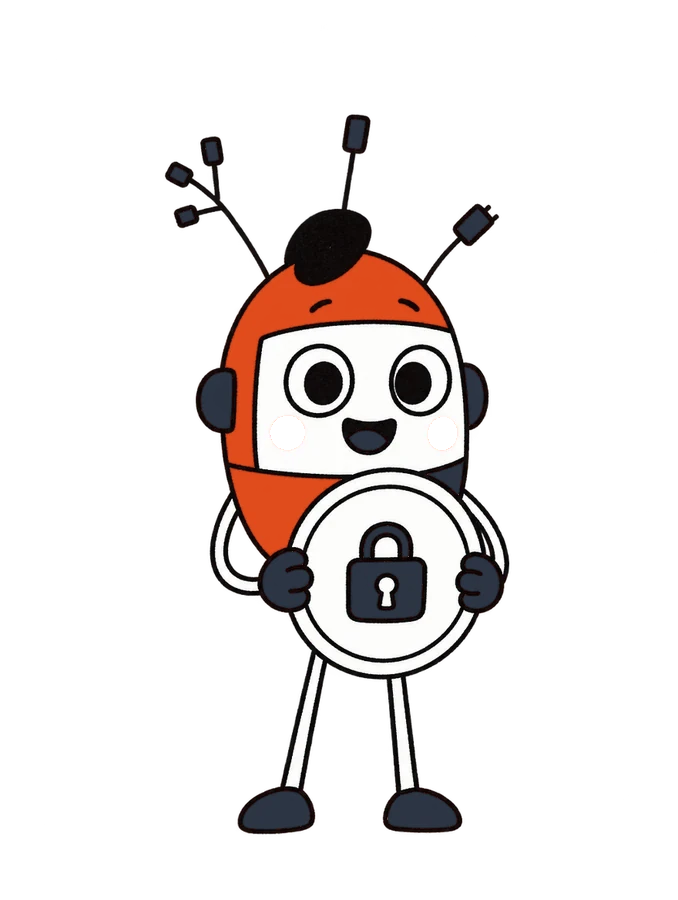 Ernestio, le petit robot, tient un bouclier avec un cadenas